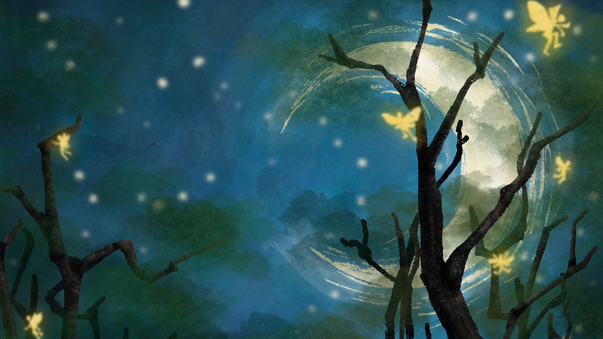 An artistic watercolor night scenory featuring a crescent moon, trees, stars, and fairies. 