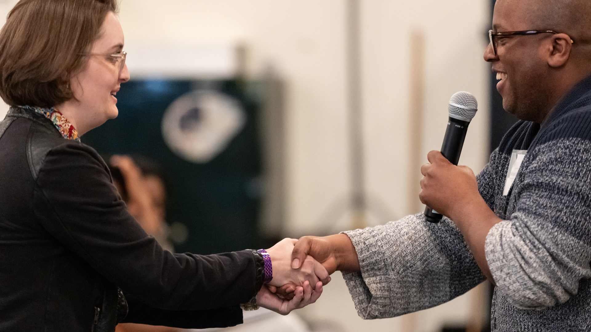 Playwright Michael R. Jackson (A Strange Loop) meets a patron at a private event.
