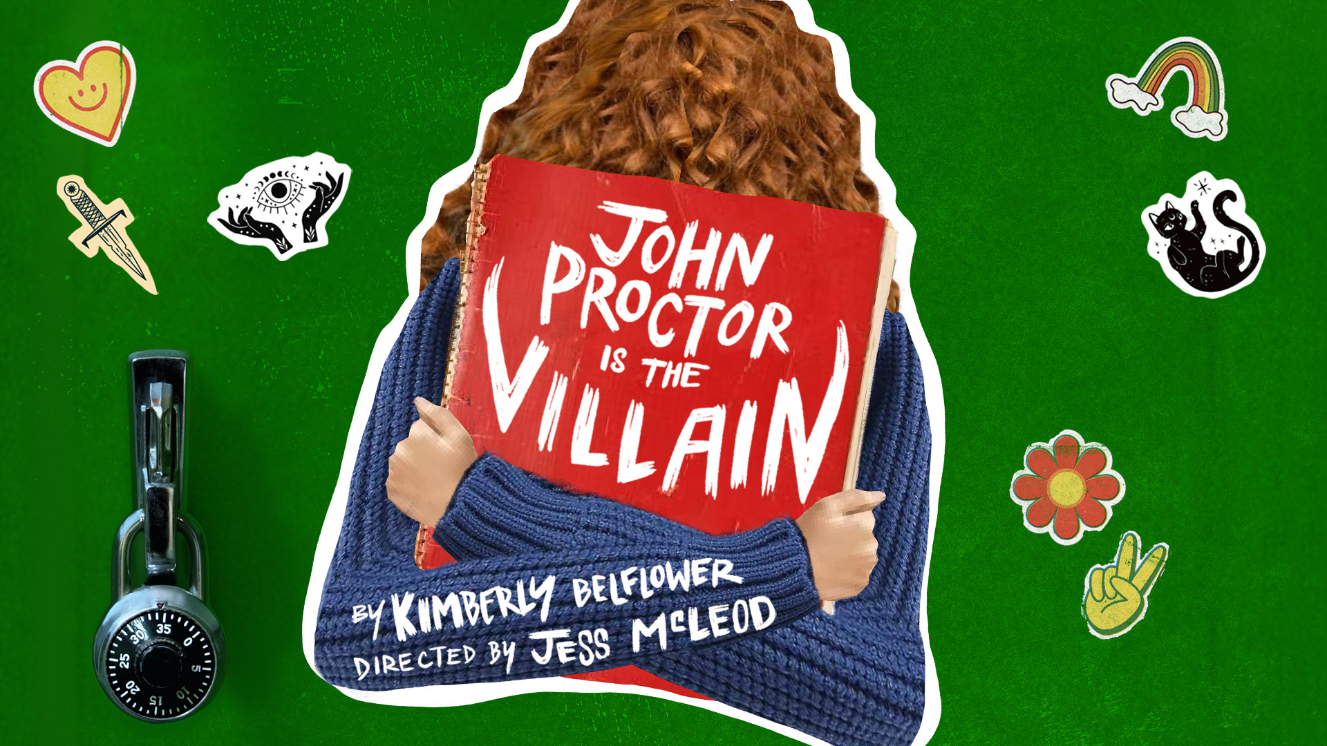 Person holding a red notebook displaying “John Proctor Is the Villain,” with production credits below, surrounded by colorful illustrated symbols on a green background.