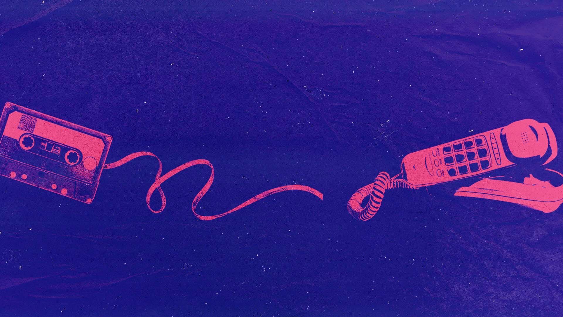 Promotional graphic for The Babysitters Club: A New Musical, featuring a textured purple background, with a cassette tape and corded telephone along the bottom. 
